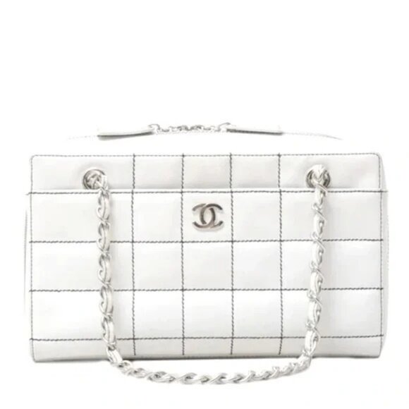 Authentic CHANEL CC Wild Stitch Chocolate Bar Chain Tote Shoulder Bag White Gold - Picture 4 of 15
